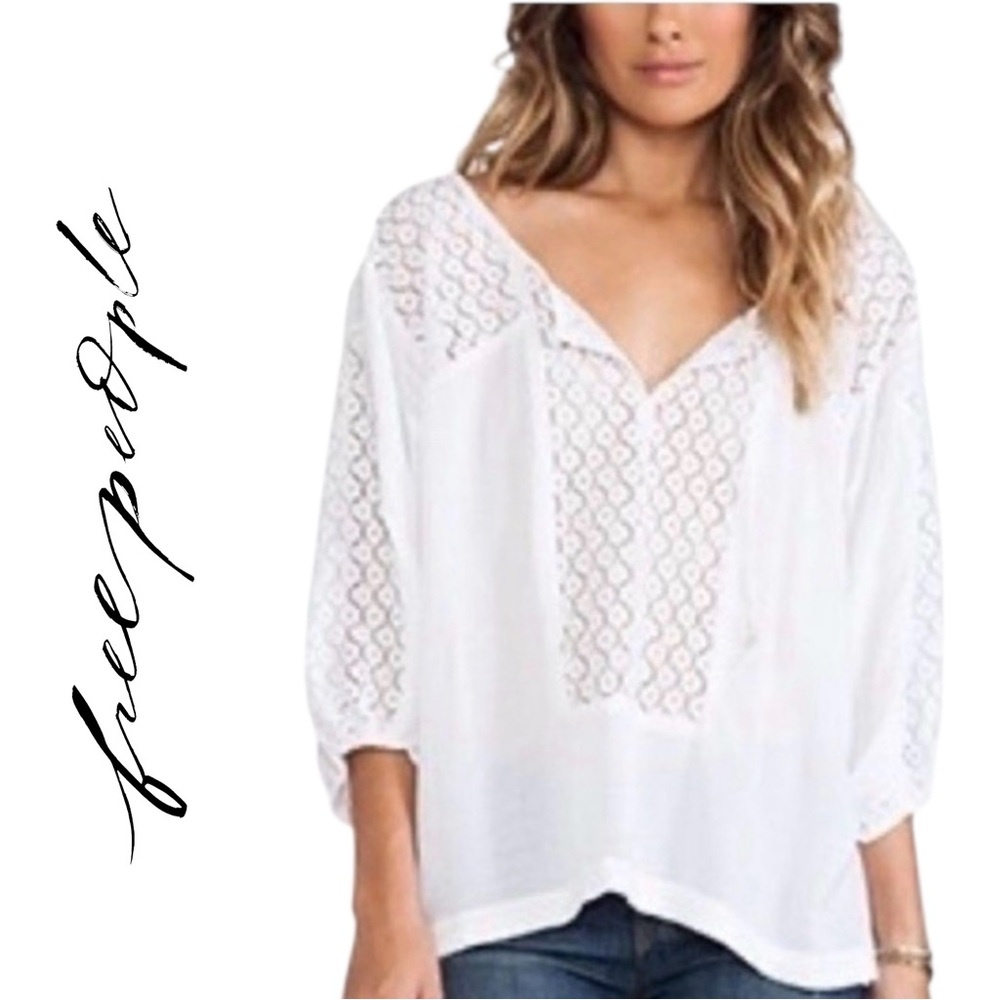 Free People White Crochet Lace V-Neck Blouse